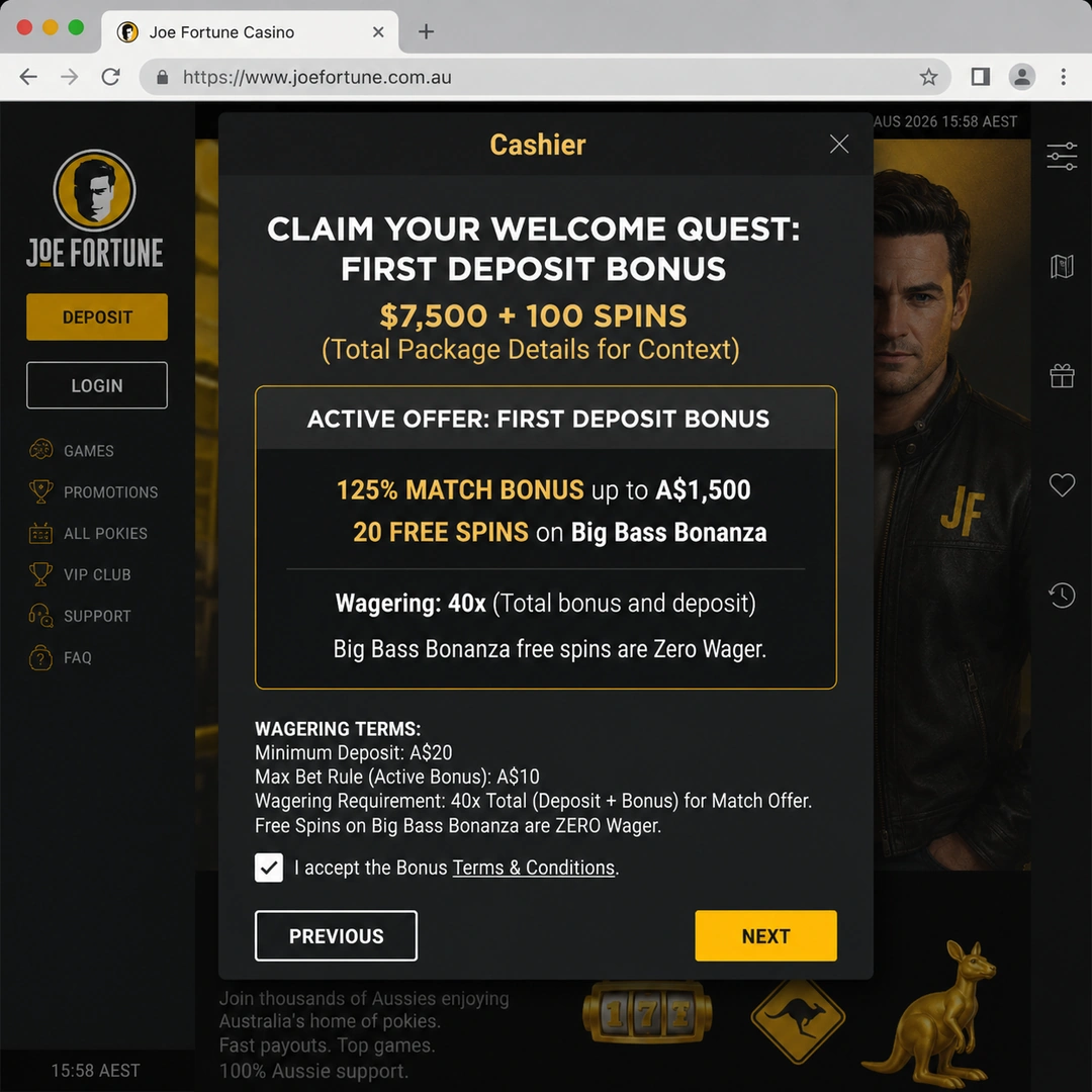 Joe Fortune cashier showing the first-deposit 125 percent match up to A$1,500 with 20 zero-wager free spins on Dragon Pearls, 40x wagering terms at the bottom.