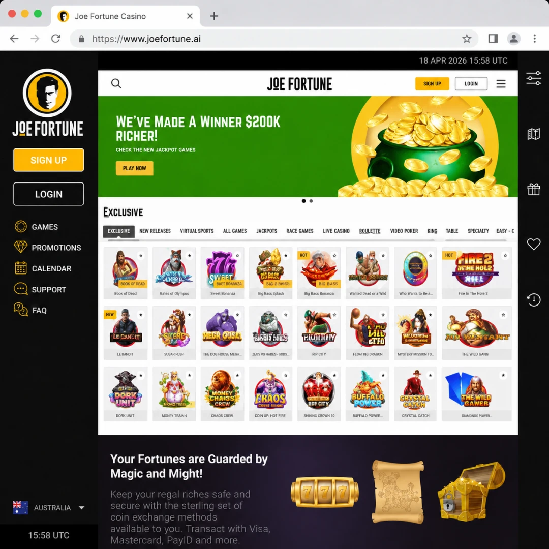 Joe Fortune Casino homepage open in Chrome on 18 April 2026, showing the A$7,500 five-deposit welcome banner and main navigation.
