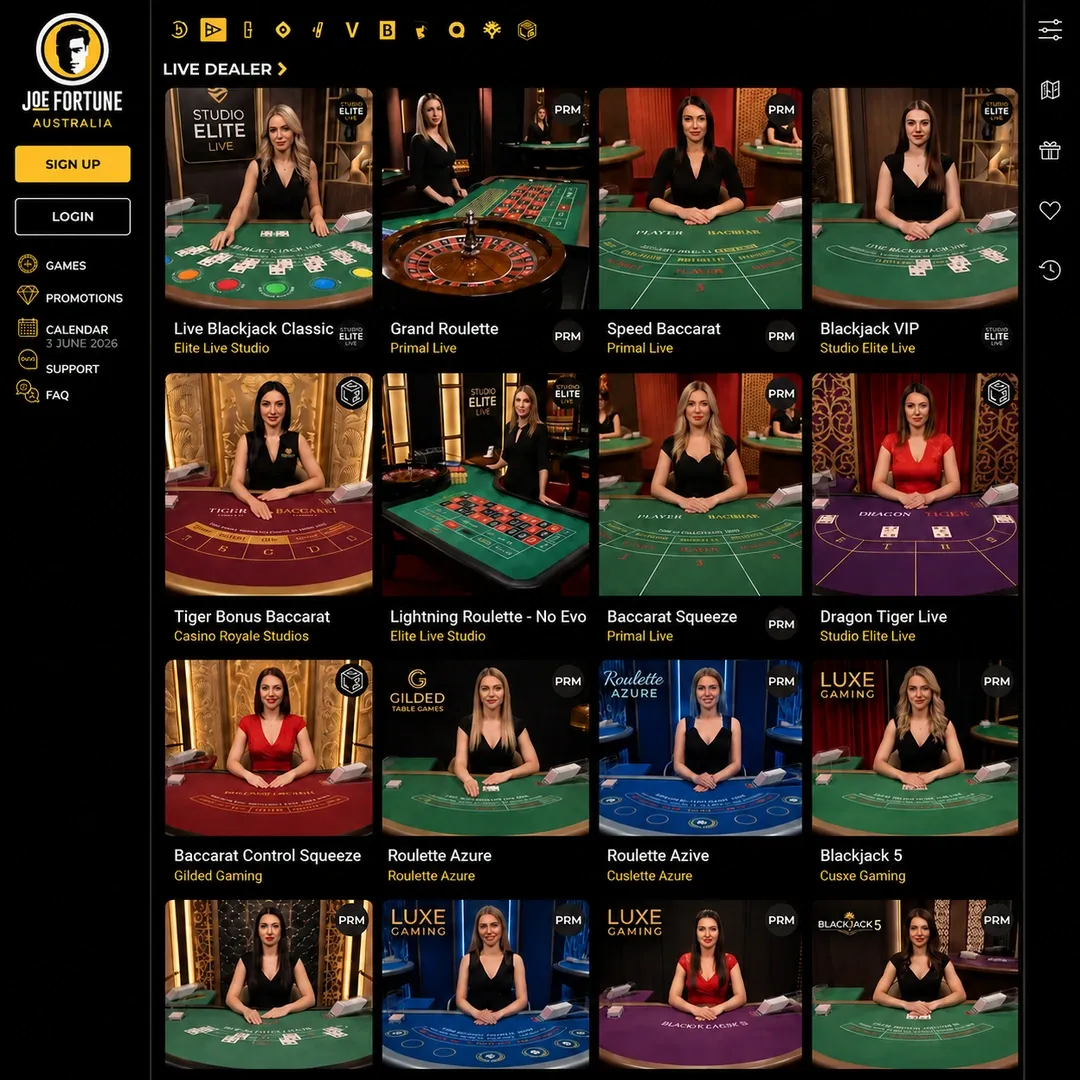 live casino lobby with blackjack, roulette, baccarat and Tiger Bonus Baccarat tables visible; the feeds are from secondary studios rather than Evolution or Pragmatic Live.