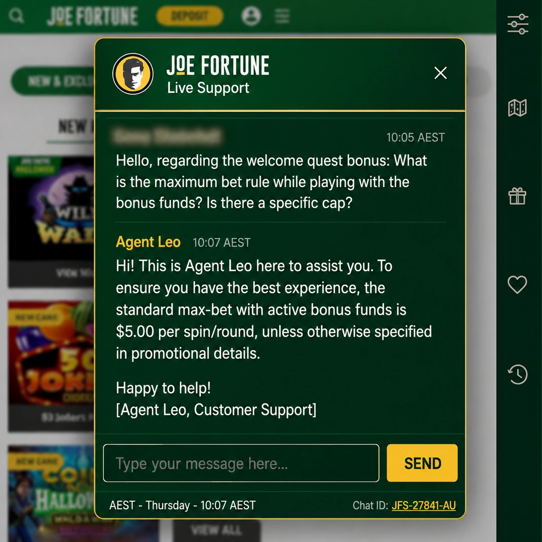 Joe Fortune live-chat transcript at 22:07 AEST on a Thursday: a bonus max-bet question sent 22:05, agent reply 22:07, player name redacted.
