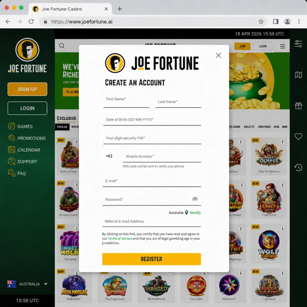Joe Fortune sign-up form with AUD as base currency and the 18+ age confirmation checkbox; personal data fields redacted.